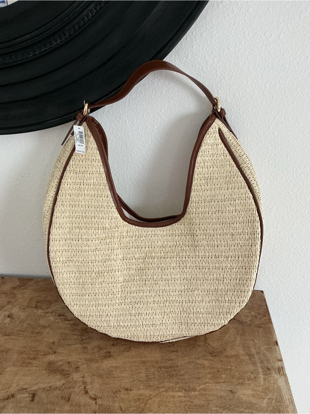 Old Navy Cream Straw Crescent Shoulder Bag with Brown Trim